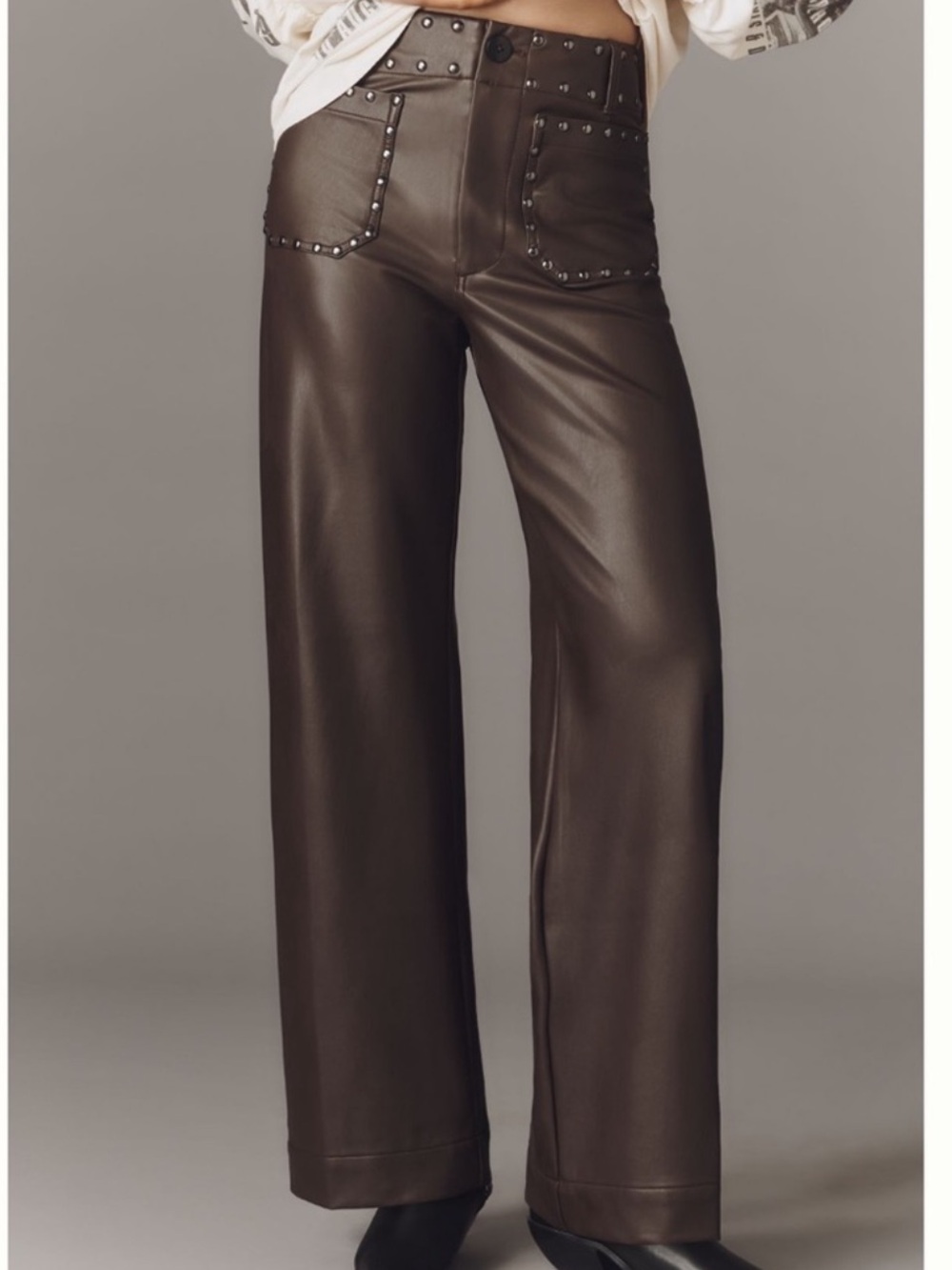 Anthropologie Pilcro Studded Faux Leather Wide-Leg Pants - Dark Brown | Size 31